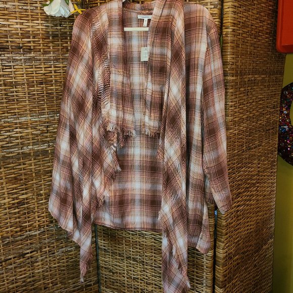 Maurices Tops - NWT Maurice's Open Front Top Cardigan Pink white Plaid Size Large Fringe Trim